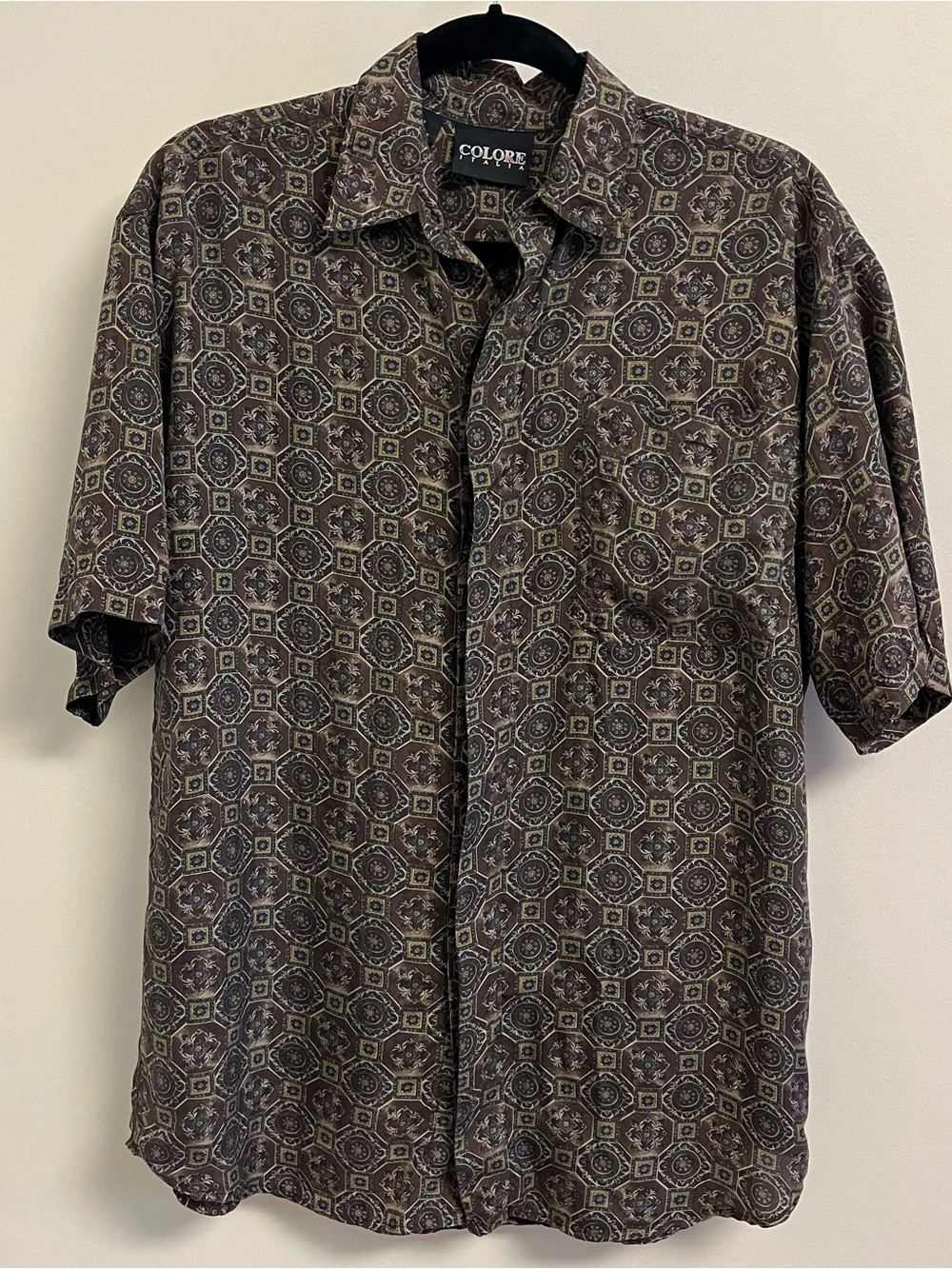 Vintage Colore Italia Men’s Silk Short Sleeve Shirt Retro Brown Print Size Small